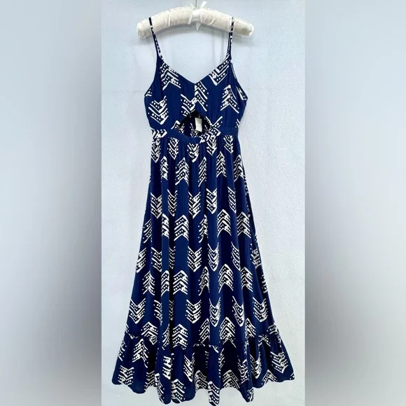 MWT Aerie Women’s Blue Ikat White Tribal Print Boho Cut Out Long Maxi Dress Sz S - Picture 15 of 15